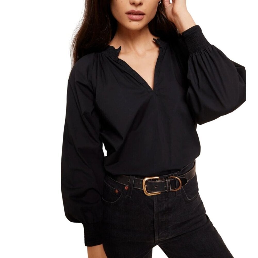 Nation NWT Estelle Peasant Blouse Jet Black Pima Cotton Size S